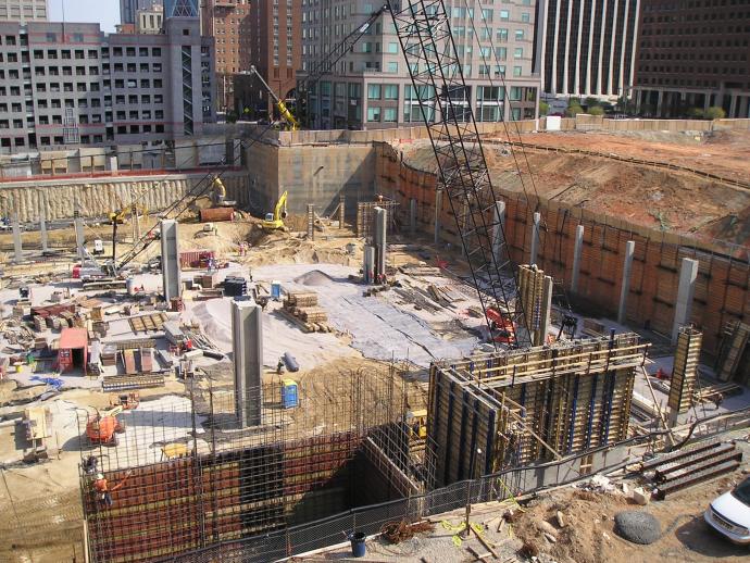 Bird's eye view of convention center construction, building the underground level.