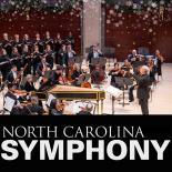 Photo of orchestra and choir in Meymandi Concert Hall, with snowflake graphic on top