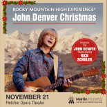 John Denver Christmas Nov 21 show promotional artwork for Raleigh NC with photo of John Denver singing and playing guitar with a mountain landscape as the backdrop