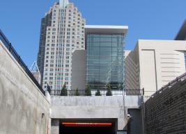 Loading Dock Entrance into the Convention Center with skyline in background 